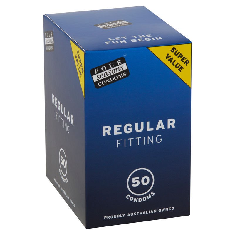 Four seasons - regular - 50 pack condoms -  box side view | Flirtybay.com.au